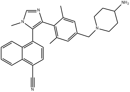 1-Naphthalenecarbonitrile, 4-[4-[4-[(4-amino-1-piperidinyl)methyl]-2,6-dimethylphenyl]-1-methyl-1H-imidazol-5-yl]- Struktur