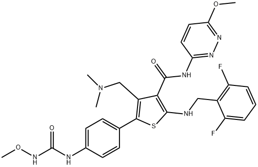 3-Thiophenecarboxamide, 2-[[(2,6-difluorophenyl)methyl]amino]-4-[(dimethylamino)methyl]-5-[4-[[(methoxyamino)carbonyl]amino]phenyl]-N-(6-methoxy-3-pyridazinyl)- Struktur