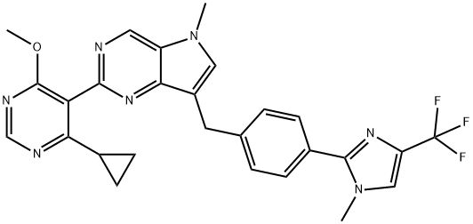 5H-Pyrrolo[3,2-d]pyrimidine, 2-(4-cyclopropyl-6-methoxy-5-pyrimidinyl)-5-methyl-7-[[4-[1-methyl-4-(trifluoromethyl)-1H-imidazol-2-yl]phenyl]methyl]- Struktur