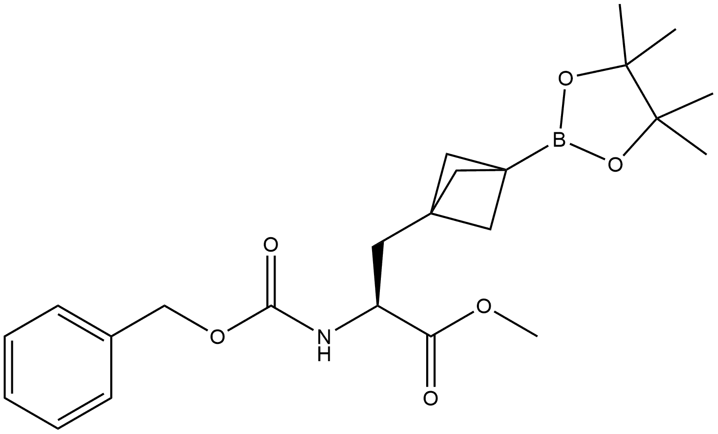 Methyl (αS )-α-[[(phenylmethoxy)carbonyl]amino]-3-(4,4,5,5-tetramethyl-1,3,2-dioxaborolan-2-yl)bicyclo[1.1.1]pentane-1-propanoate Struktur