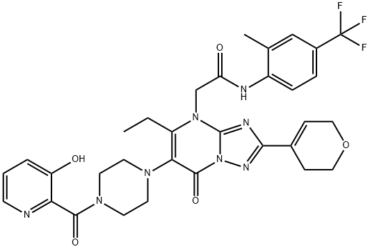 [1,2,4]Triazolo[1,5-a]pyrimidine-4(7H)-acetamide, 2-(3,6-dihydro-2H-pyran-4-yl)-5-ethyl-6-[4-[(3-hydroxy-2-pyridinyl)carbonyl]-1-piperazinyl]-N-[2-methyl-4-(trifluoromethyl)phenyl]-7-oxo- Struktur