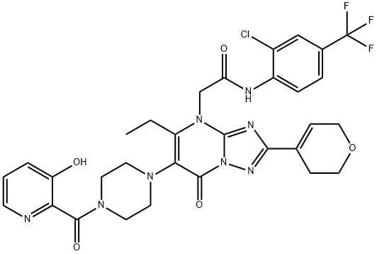 [1,2,4]Triazolo[1,5-a]pyrimidine-4(7H)-acetamide, N-[2-chloro-4-(trifluoromethyl)phenyl]-2-(3,6-dihydro-2H-pyran-4-yl)-5-ethyl-6-[4-[(3-hydroxy-2-pyridinyl)carbonyl]-1-piperazinyl]-7-oxo- Struktur