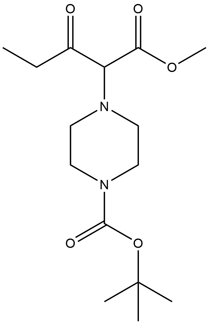 1-Piperazineacetic acid, 4-[(1,1-dimethylethoxy)carbonyl]-α-(1-oxopropyl)-, methyl ester Struktur