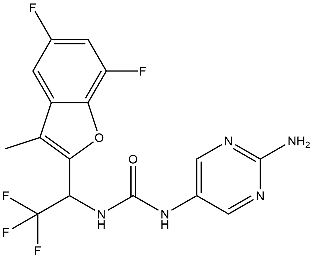 1-(2-aminopyrimidin-5-yl)-3-(1-(5,7-difluoro-3-methylbenzofuran-2-yl)-2,2,2-trifluoroethyl)urea Struktur