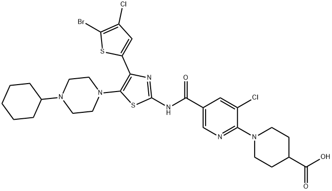 4-Piperidinecarboxylic acid, 1-[5-[[[4-(5-bromo-4-chloro-2-thienyl)-5-(4-cyclohexyl-1-piperazinyl)-2-thiazolyl]amino]carbonyl]-3-chloro-2-pyridinyl]- Structure