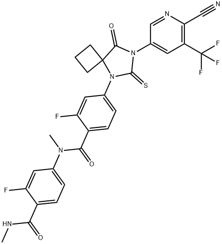 Benzamide, 4-[7-[6-cyano-5-(trifluoromethyl)-3-pyridinyl]-8-oxo-6-thioxo-5,7-diazaspiro[3.4]oct-5-yl]-2-fluoro-N-[3-fluoro-4-[(methylamino)carbonyl]phenyl]-N-methyl- Struktur