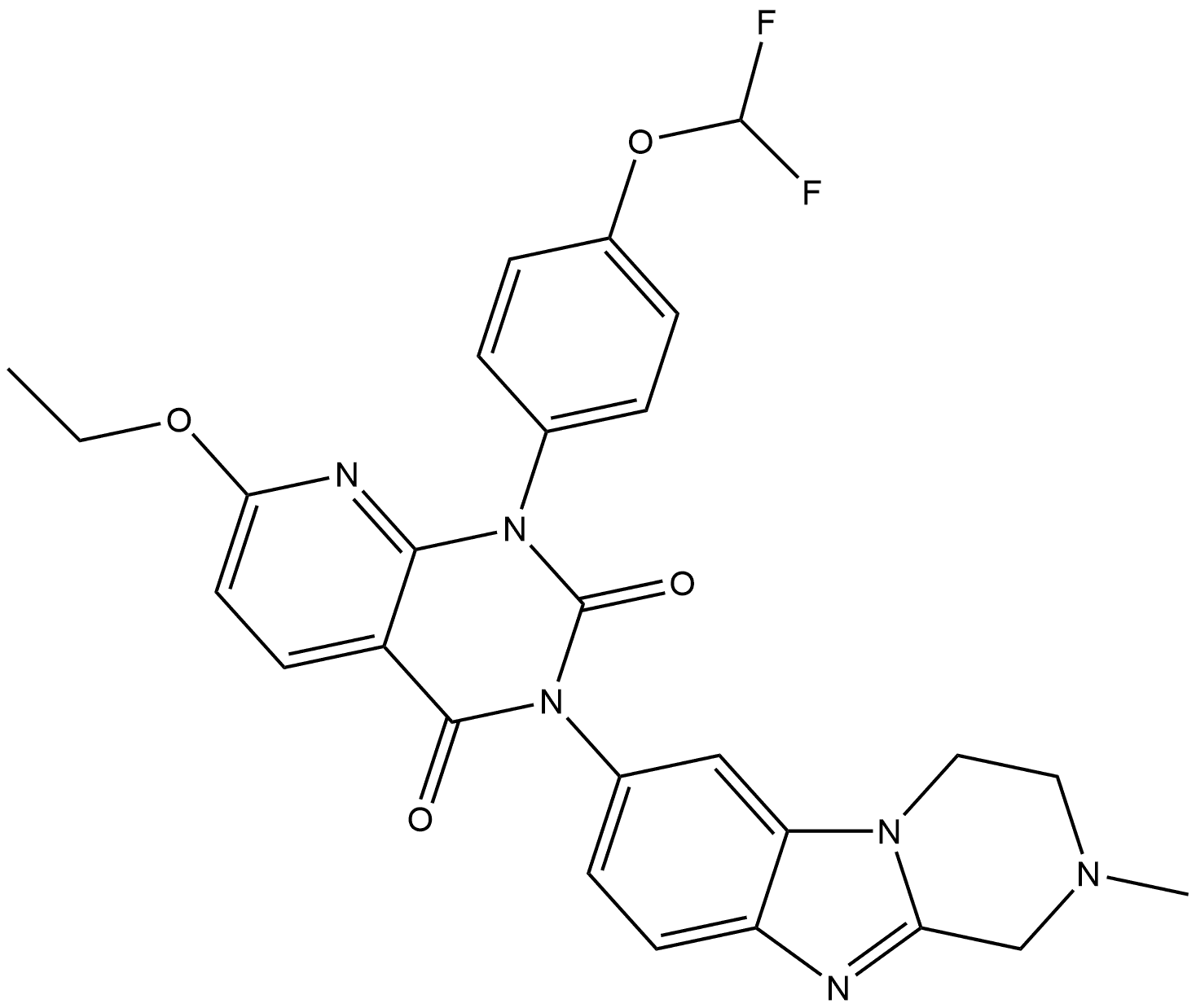 Pyrido[2,3-d]pyrimidine-2,4(1H,3H)-dione, 1-[4-(difluoromethoxy)phenyl]-7-ethoxy-3-(1,2,3,4-tetrahydro-2-methylpyrazino[1,2-a]benzimidazol-7-yl)- Struktur