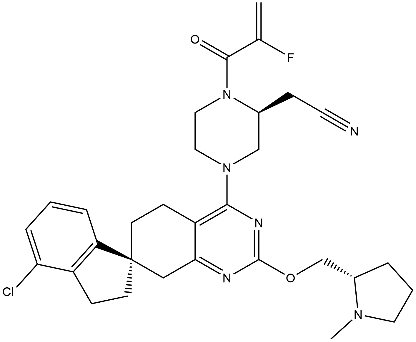 2-Piperazineacetonitrile, 4-[(1R)-4-chloro-2,3,5′,8′-tetrahydro-2′-[[(2S)-1-methyl-2-pyrrolidinyl]methoxy]spiro[1H-indene-1,7′(6′H)-quinazolin]-4′-yl]-1-(2-fluoro-1-oxo-2-propen-1-yl)-, (2S)- Struktur