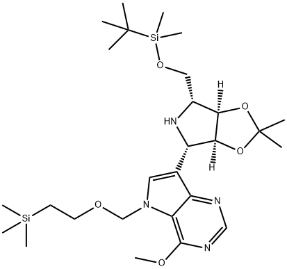 5H-Pyrrolo3,2-dpyrimidine, 7-(3aS,4S,6R,6aR)-6-(1,1-dimethylethyl)dimethylsilyloxymethyltetrahydro-2,2-dimethyl-4H-1,3-dioxolo4,5-cpyrrol-4-yl-4-methoxy-5-2-(trimethylsilyl)ethoxymethyl- Struktur