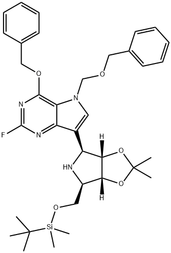 5H-Pyrrolo3,2-dpyrimidine, 7-(3aS,4S,6R,6aR)-6-(1,1-dimethylethyl)dimethylsilyloxymethyltetrahydro-2,2-dimethyl-4H-1,3-dioxolo4,5-cpyrrol-4-yl-2-fluoro-4-(phenylmethoxy)-5-(phenylmethoxy)methyl- Struktur