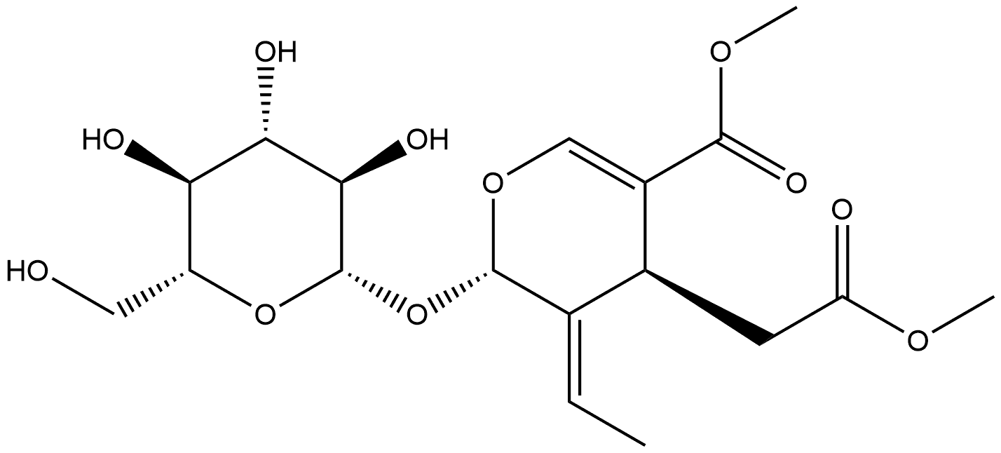 2H-Pyran-4-acetic acid, 3-ethylidene-2-(β-D-glucopyranosyloxy)-3,4-dihydro-5-(methoxycarbonyl)-, methyl ester, (2S,3E,4S)- Struktur