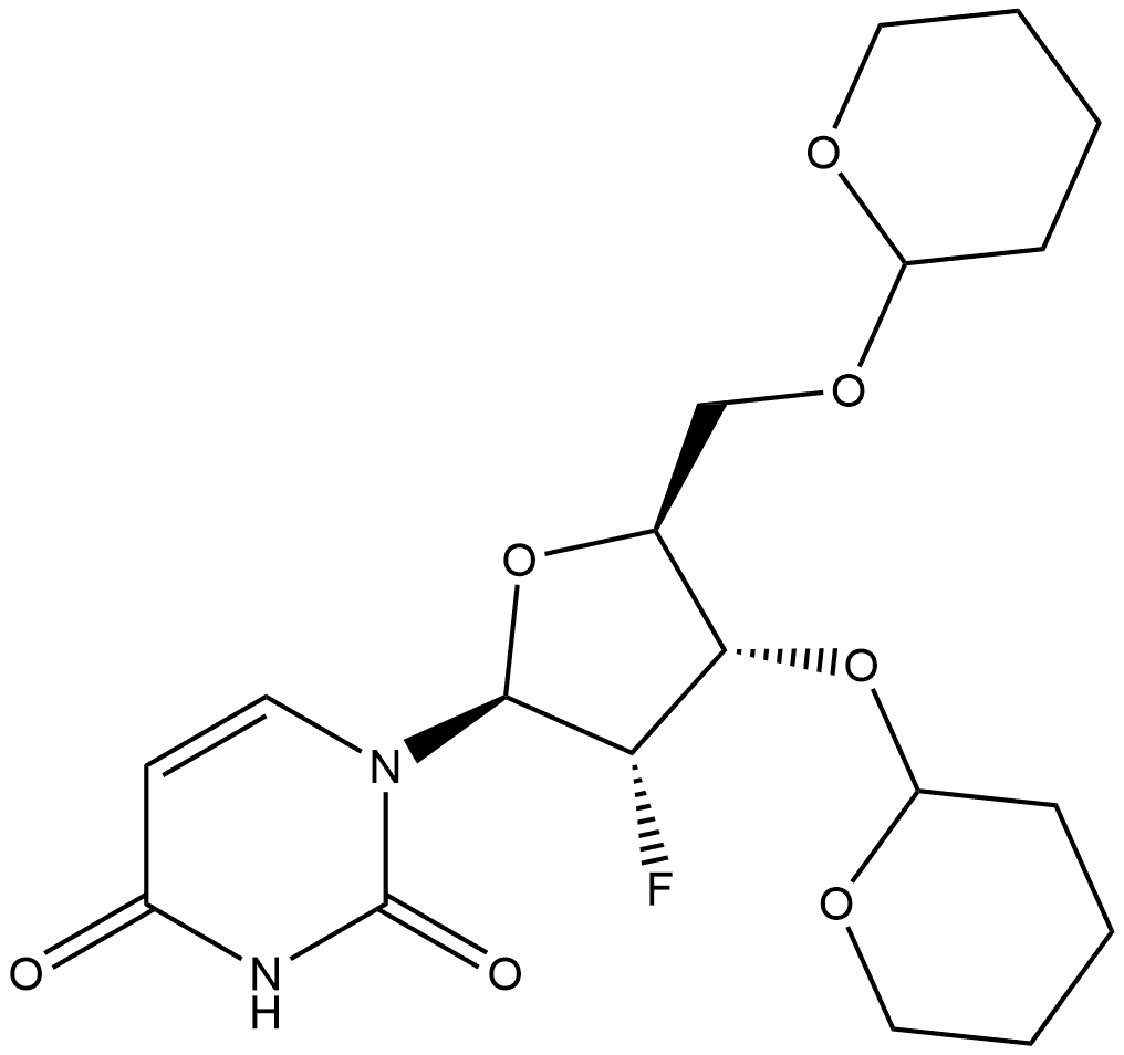 2,4(1H,3H)-Pyrimidinedione, 1-[2-deoxy-2-fluoro-3,5-bis-O-(tetrahydro-2H-pyran-2-yl)-β-L-ribofuranosyl]- Struktur