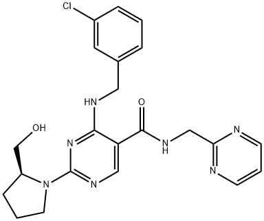 5-Pyrimidinecarboxamide, 4-[[(3-chlorophenyl)methyl]amino]-2-[(2S)-2-(hydroxymethyl)-1-pyrrolidinyl]-N-(2-pyrimidinylmethyl)- Struktur