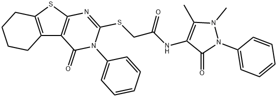 N-(1,5-dimethyl-3-oxo-2-phenylpyrazol-4-yl)-2-[(4-oxo-3-phenyl-5,6,7,8-tetrahydro-[1]benzothiolo[2,3-d]pyrimidin-2-yl)sulfanyl]acetamide Struktur