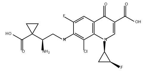 3-Quinolinecarboxylic acid, 7-[[(2S)-2-amino-2-(1-carboxycyclopropyl)ethyl]amino]-8-chloro-6-fluoro-1-[(1R,2S)-2-fluorocyclopropyl]-1,4-dihydro-4-oxo- Struktur