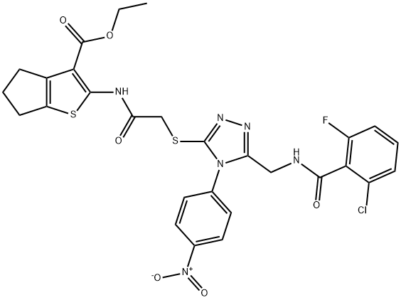 4H-Cyclopenta[b]thiophene-3-carboxylic acid, 2-[[2-[[5-[[(2-chloro-6-fluorobenzoyl)amino]methyl]-4-(4-nitrophenyl)-4H-1,2,4-triazol-3-yl]thio]acetyl]amino]-5,6-dihydro-, ethyl ester Struktur