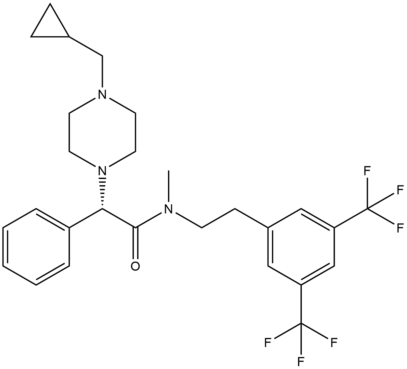 1-Piperazineacetamide, N-[2-[3,5-bis(trifluoromethyl)phenyl]ethyl]-4-(cyclopropylmethyl)-N-methyl-α-phenyl-, (αS)- Struktur