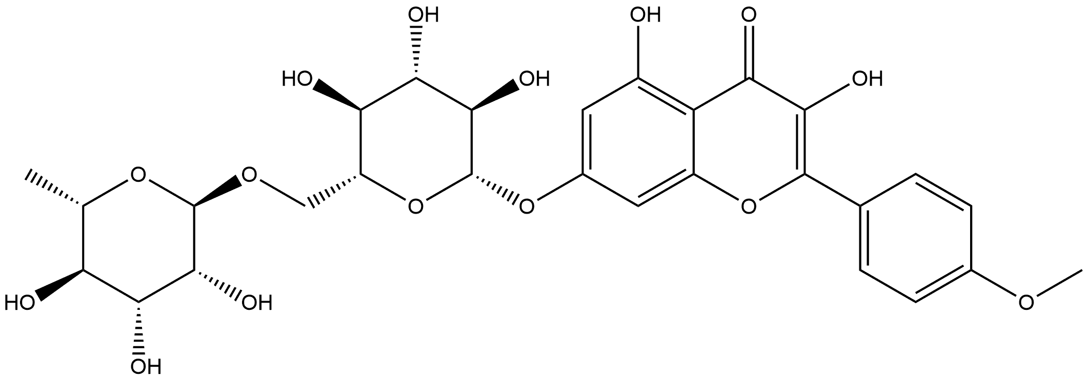 4H-1-Benzopyran-4-one, 7-[[6-O-(6-deoxy-α-L-mannopyranosyl)-β-D-glucopyranosyl]oxy]-3,5-dihydroxy-2-(4-methoxyphenyl)- Struktur