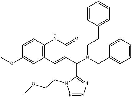 2(1H)-Quinolinone, 6-methoxy-3-[[1-(2-methoxyethyl)-1H-tetrazol-5-yl][(2-phenylethyl)(phenylmethyl)amino]methyl]- Struktur