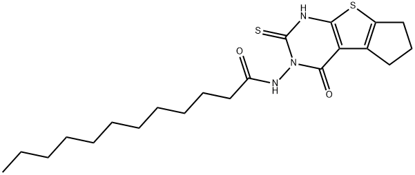 N-(1-oxo-3-sulfanylidene-4,6,7,8-tetrahydrocyclopenta[2,3]thieno[2,4-b]pyrimidin-2-yl)dodecanamide Struktur