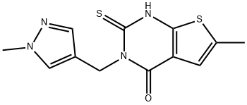 6-methyl-3-[(1-methylpyrazol-4-yl)methyl]-2-sulfanylidene-1H-thieno[2,3-d]pyrimidin-4-one Struktur