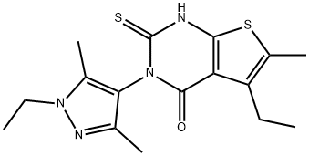 5-ethyl-3-(1-ethyl-3,5-dimethylpyrazol-4-yl)-6-methyl-2-sulfanylidene-1H-thieno[2,3-d]pyrimidin-4-one Struktur