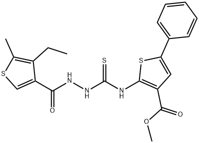 methyl 2-(2-(4-ethyl-5-methylthiophene-3-carbonyl)hydrazinecarbothioamido)-5-phenylthiophene-3-carboxylate Struktur