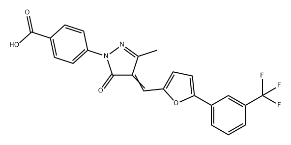 Benzoic acid, 4-[4,5-dihydro-3-methyl-5-oxo-4-[[5-[3-(trifluoromethyl)phenyl]-2-furanyl]methylene]-1H-pyrazol-1-yl]- Struktur