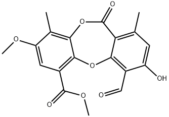 11H-Dibenzo[b,e][1,4]dioxepin-6-carboxylic acid, 4-formyl-3-hydroxy-8-methoxy-1,9-dimethyl-11-oxo-, methyl ester Struktur