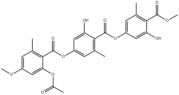 Benzoic acid, 4-[[2-(acetyloxy)-4-methoxy-6-methylbenzoyl]oxy]-2-hydroxy-6-methyl-, 3-hydroxy-4-(methoxycarbonyl)-5-methylphenyl ester Struktur