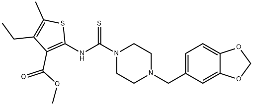 methyl 2-(4-(benzo[d][1,3]dioxol-5-ylmethyl)piperazine-1-carbothioamido)-4-ethyl-5-methylthiophene-3-carboxylate Struktur