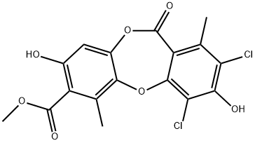 11H-Dibenzo[b,e][1,4]dioxepin-7-carboxylic acid, 2,4-dichloro-3,8-dihydroxy-1,6-dimethyl-11-oxo-, methyl ester Struktur