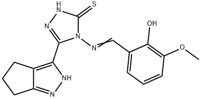 3H-1,2,4-Triazole-3-thione, 2,4-dihydro-4-[[(2-hydroxy-3-methoxyphenyl)methylene]amino]-5-(2,4,5,6-tetrahydro-3-cyclopentapyrazolyl)- Struktur