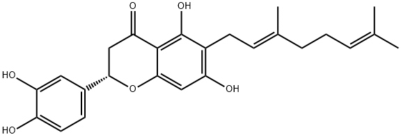 4H-1-Benzopyran-4-one, 2-(3,4-dihydroxyphenyl)-6-[(2E)-3,7-dimethyl-2,6-octadien-1-yl]-2,3-dihydro-5,7-dihydroxy-, (2S)- Struktur