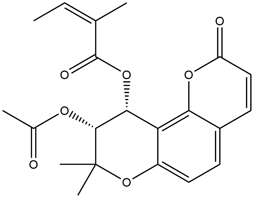 2-Butenoic acid, 2-methyl-, (9R,10R)-9-(acetyloxy)-9,10-dihydro-8,8-dimethyl-2-oxo-2H,8H-benzo[1,2-b:3,4-b']dipyran-10-yl ester, (2Z)-rel- (9CI) Struktur