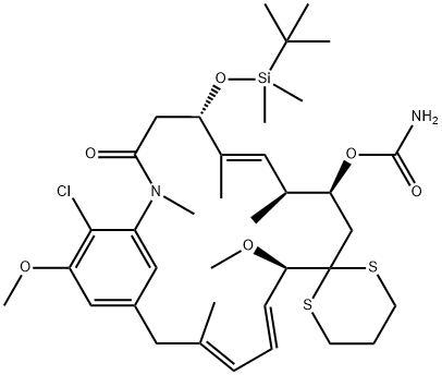 Spiro[2-azabicyclo[16.3.1]docosa-1(22),6,13,15,18,20-hexaene-11,2'-[1,3]dithian]-3-one, 9-[(aminocarbonyl)oxy]-21-chloro-5-[[(1,1-dimethylethyl)dimethylsilyl]oxy]-12,20-dimethoxy-2,6,8,16-tetramethyl-, [5S-(5R*,6E,8R*,9R*,12S*,13E,15E)]- (9CI) Struktur