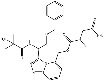 Carbamic acid, (2-amino-2-oxoethyl)methyl-, [3-[(1S)-1-[(2-amino-2-methyl-1-oxopropyl)amino]-2-(phenylmethoxy)ethyl]-1,2,4-triazolo[4,3-a]pyridin-5-yl]methyl ester (9CI) Struktur