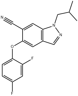 1H-Indazole-6-carbonitrile, 5-(2,4-difluorophenoxy)-1-(2-methylpropyl)- Struktur