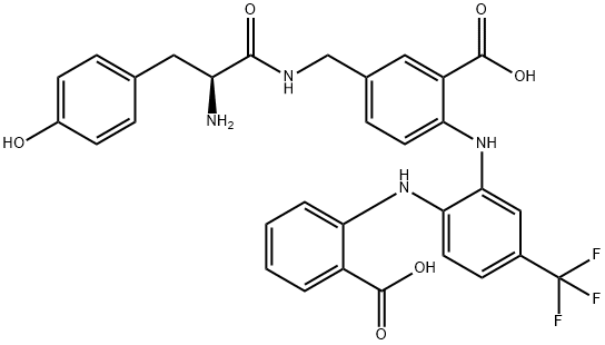 Benzoic  acid,  5-[[[(2S)-2-amino-3-(4-hydroxyphenyl)-1-oxopropyl]amino]methyl]-2-[[2-[(2-carboxyphenyl)amino]-5- Struktur