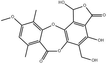 7H-Isobenzofuro[4,5-b][1,4]benzodioxepin-3,7(1H)-dione, 1,4-dihydroxy-5-(hydroxymethyl)-10-methoxy-8,11-dimethyl- (9CI) Struktur