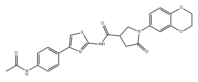 3-Pyrrolidinecarboxamide, N-[4-[4-(acetylamino)phenyl]-2-thiazolyl]-1-(2,3-dihydro-1,4-benzodioxin-6-yl)-5-oxo- Struktur