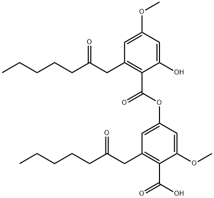 Benzoic acid, 2-hydroxy-4-methoxy-6-(2-oxoheptyl)-, 4-carboxy-3-methoxy-5-(2-oxoheptyl)phenyl ester Struktur