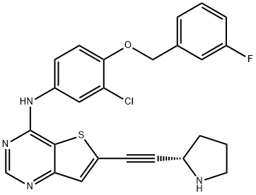 Thieno[3,2-d]pyrimidin-4-amine, N-[3-chloro-4-[(3-fluorophenyl)methoxy]phenyl]-6-[2-(2S)-2-pyrrolidinylethynyl]- Struktur