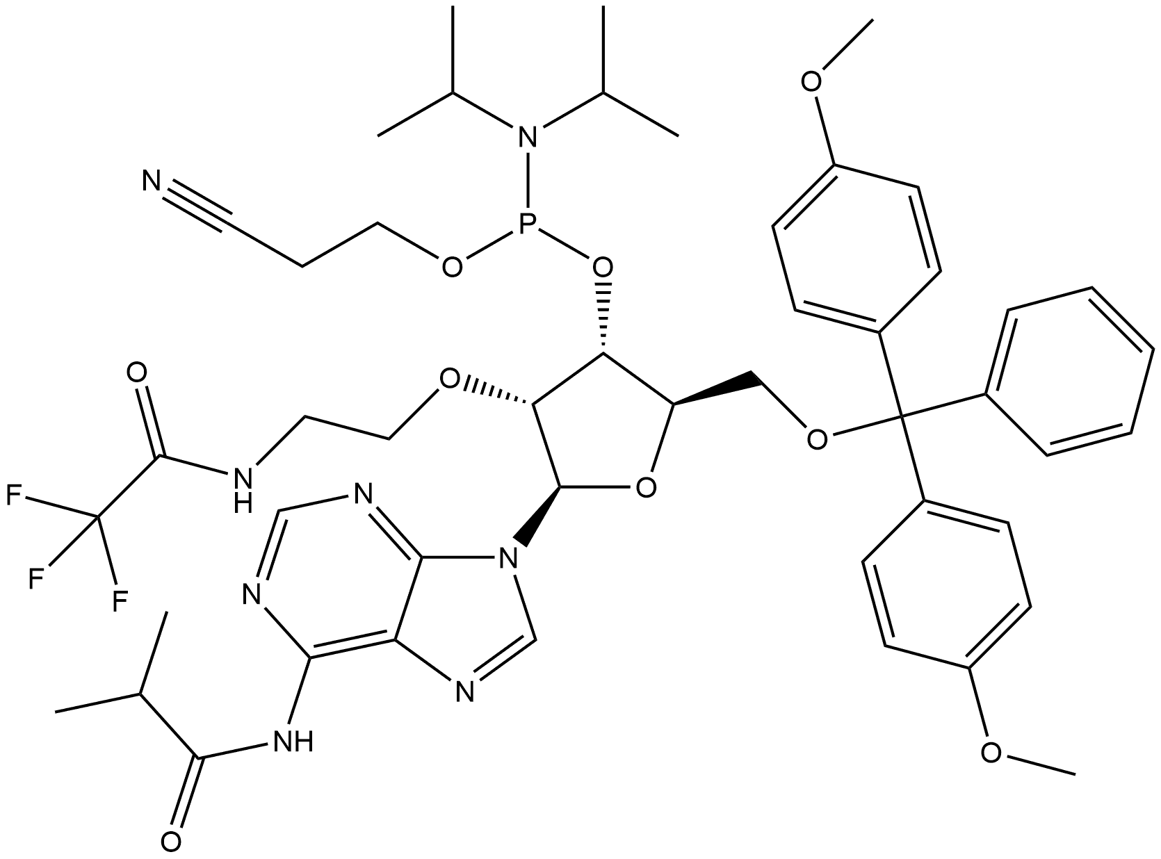 Adenosine, 5'-O-[bis(4-methoxyphenyl)phenylmethyl]-N-(2-methyl-1-oxopropyl)-2'-O-[2-[(trifluoroacetyl)amino]ethyl]-, 3'-[2-cyanoethyl bis(1-methylethyl)phosphoramidite] (9CI) Struktur