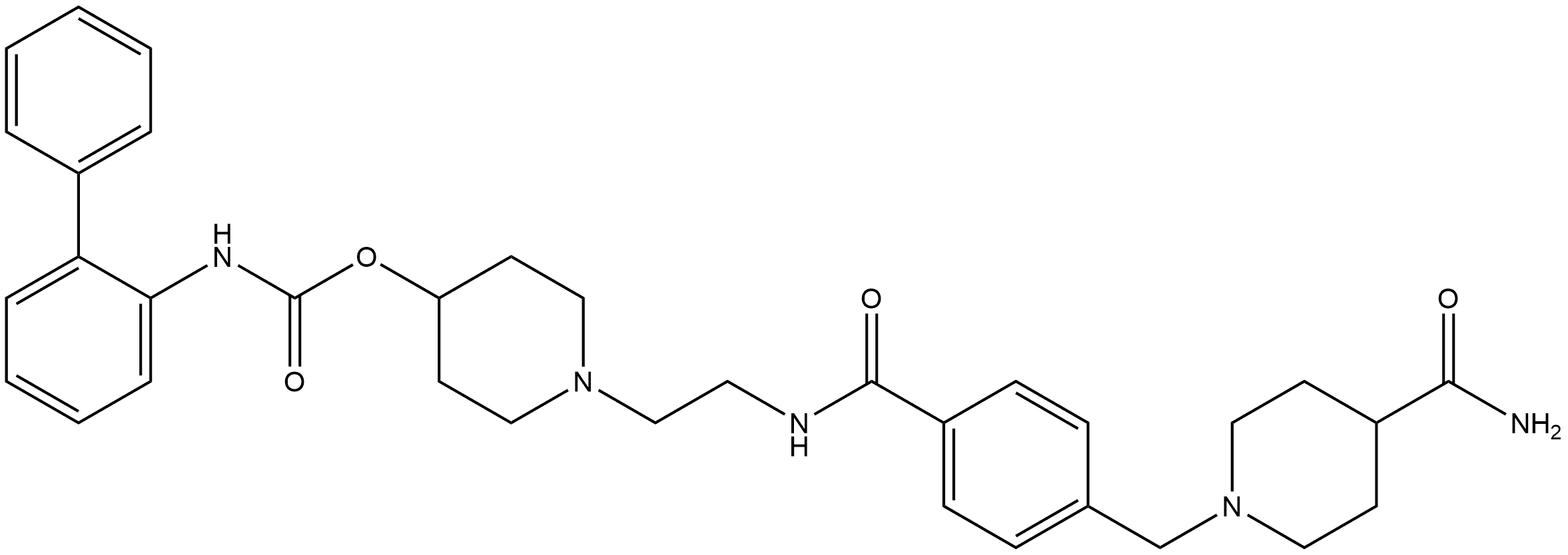 Carbamic acid, [1,1′-biphenyl]-2-yl-, 1-[2-[[4-[[4-(aminocarbonyl)-1-piperidinyl]methyl]benzoyl]amino]ethyl]-4-piperidinyl ester Struktur