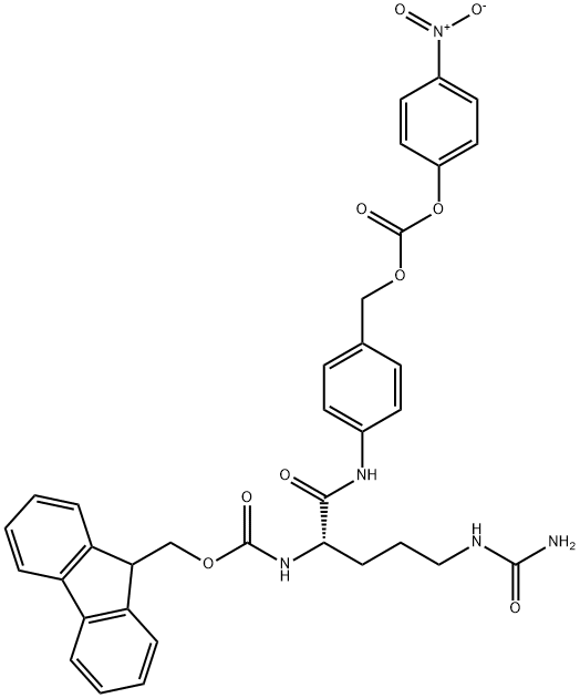 Carbonic acid, [4-[[(2S)-5-[(aminocarbonyl)amino]-2-[[(9H-fluoren-9-ylmethoxy)carbonyl]amino]-1-oxopentyl]amino]phenyl]methyl 4-nitrophenyl ester Struktur