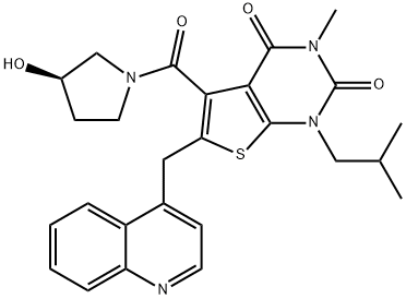 Thieno[2,3-d]pyrimidine-2,4(1H,3H)-dione, 5-[[(3R)-3-hydroxy-1-pyrrolidinyl]carbonyl]-3-methyl-1-(2-methylpropyl)-6-(4-quinolinylmethyl)- Struktur