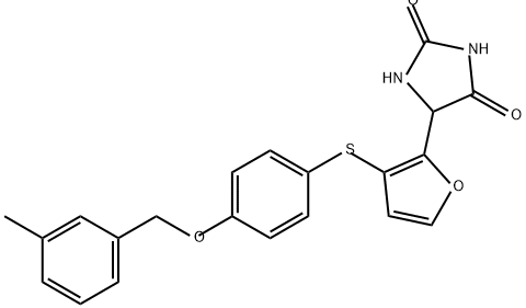 2,4-Imidazolidinedione, 5-[3-[[4-[(3-methylphenyl)methoxy]phenyl]thio]-2-furanyl]- Struktur