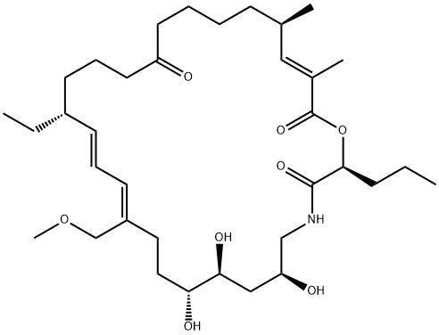 1-Oxa-4-azacyclooctacosa-12,14,26-triene-3,20,28-trione, 16-ethyl-6,8,9-trihydroxy-12-(methoxymethyl)-25,27-dimethyl-2-propyl-, (2S,6S,8S,9R,12Z,14E,16R,25R,26E)- Struktur