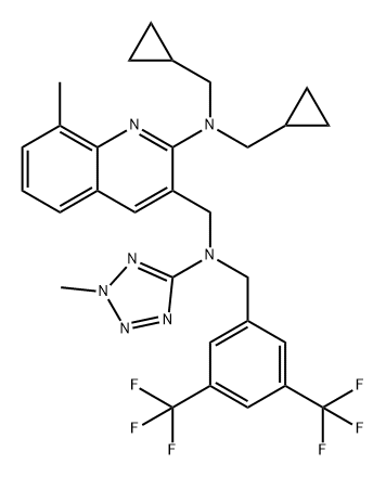 3-Quinolinemethanamine, 2-[bis(cyclopropylmethyl)amino]-N-[[3,5-bis(trifluoromethyl)phenyl]methyl]-8-methyl-N-(2-methyl-2H-tetrazol-5-yl)- Struktur